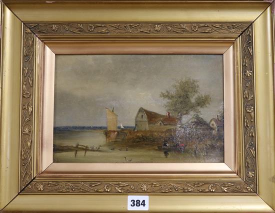 Dutch School (19th century), oil on panel, coastal scene with moored vessels and buildings, 17 x 26cm